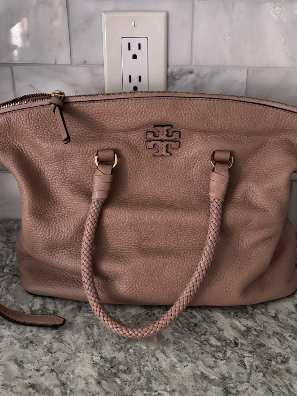 Tory Burch Blush Taupe Pebbled Leather Tote with Braided Handles